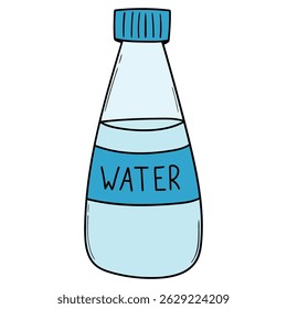 Dibujado a mano botella de plástico de dibujos animados de agua aislada sobre fondo blanco. Ilustración vectorial.