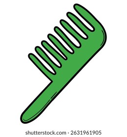 Hand drawn cartoon plastic green hair comb isolated on white background. Vector illustration.