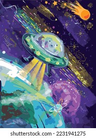 Hand drawn cartoon polar bear in space ship. Vector illustration, by paintbrush. Cute space ship, comets and stars.
