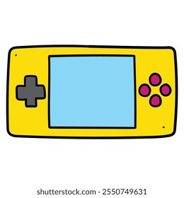 Desenhado à mão desenhos animados portátil retro console de videogame amarelo isolado no fundo branco. Ilustração vetorial.