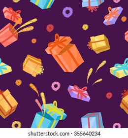 Hand drawn cartoon present boxes seamless pattern. Colorful background with textures for your design.