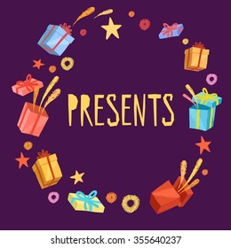 Hand drawn cartoon present boxes frame with title. Colorful illustration with textures for your design.