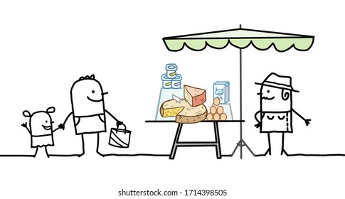 hand drawn Cartoon producer selling organic dairy products on a market store