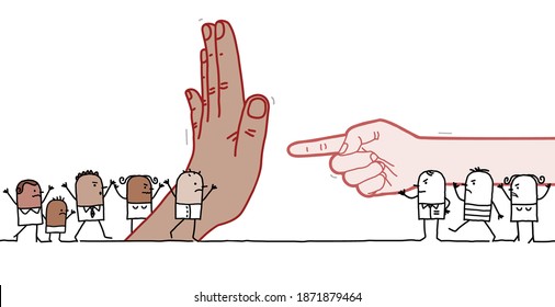 Caricatura dibujada a mano protestando contra los negros, frenando el racismo