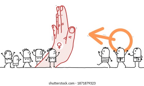 Hand drawn Cartoon Protesting Feminist Women, Stopping Aggressive Men