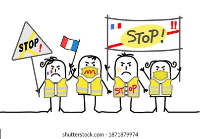 Hand drawn Cartoon Protesting People against French Government - Yellow Jackets
