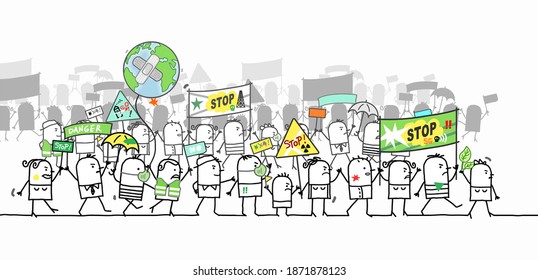 Caricatura dibujada a mano Protesta y Caminando grupo de personas - Ecológica