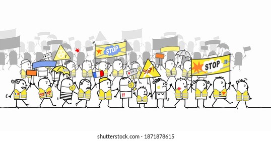 Hand drawn Cartoon Protesting and Walking group of People - Yellow Vests