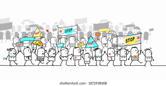 Caricatura dibujada a mano Protestando y caminando por un grupo de personas
