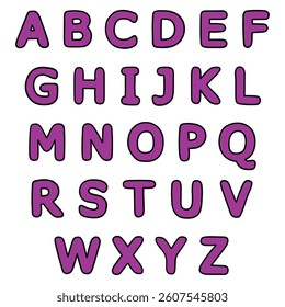 Hand drawn cartoon purple english alphabet isolated on white background. Vector illustration.