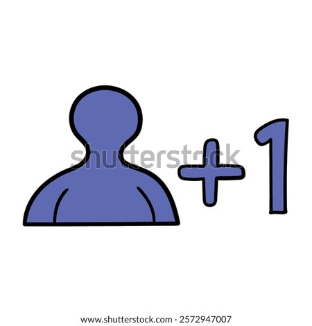 Hand drawn cartoon purple plus one follower icon isolated on white background. Vector illustration.