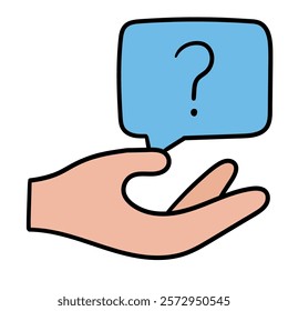 Hand drawn cartoon question mark in blue speech bubble with hand icon isolated on white background. Vector illustration.