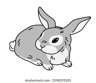 Hand drawn cartoon rabbit in sitting pose vector illustration, isolated on white background, cute animals concept, decorative design element.