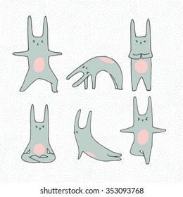 Hand drawn cartoon rabbits doing yoga poses. Hand drawn vector illustration.