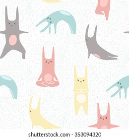 Hand drawn cartoon rabbits doing yoga poses. Seamless pattern in vector.