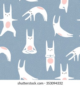 Hand drawn cartoon rabbits doing yoga poses. Seamless pattern in vector.