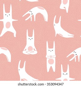 Hand drawn cartoon rabbits doing yoga poses. Seamless pattern in vector.