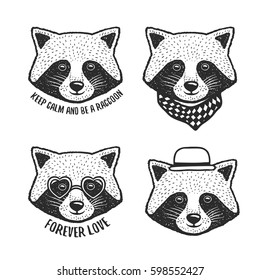 Hand drawn cartoon raccoon head prints set. Cute hand crafted design elements for apparel prints, posters, wall decor. Vector vintage illustration.