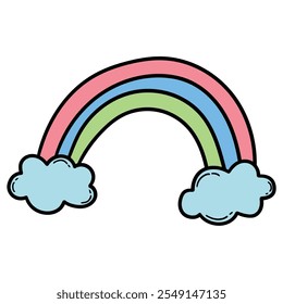 Dibujado a mano del arco iris de dibujos animados y nubes aisladas sobre fondo blanco. Ilustración vectorial.