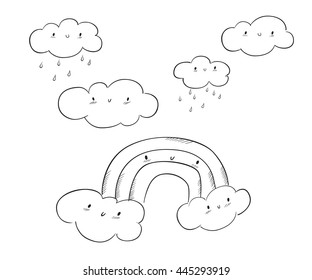  Hand drawn cartoon rainbow, clouds. Doodles, sketch for your design. Vector illustration.