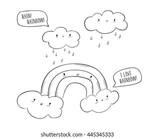 Hand drawn cartoon rainbow and clouds. Doodles, sketch for your design. Vector illustration.