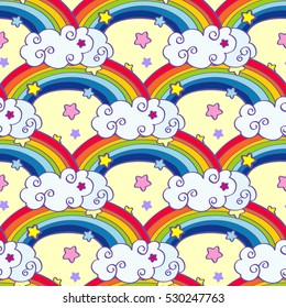 Hand drawn cartoon rainbow, clouds and stars seamless pattern