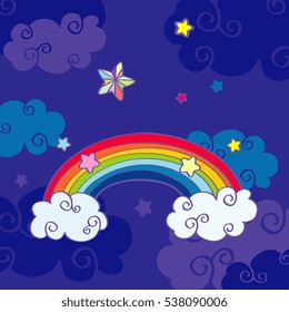 Hand drawn cartoon rainbow and clouds night sky. Magic art dream design. Vector illustration