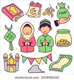 Dibujo manual del elemento ramadan. niños celebrando ramadan o eid al-fitr