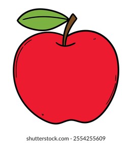 Hand drawn cartoon red apple with a green leaf isolated on a white background. Vector illustration.