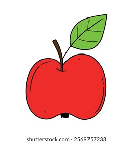 Hand drawn cartoon red apple with green leaf isolated on white background. Vector illustration.