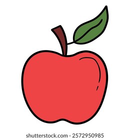 Hand drawn cartoon red apple with green leaf icon isolated on white background. Vector illustration.