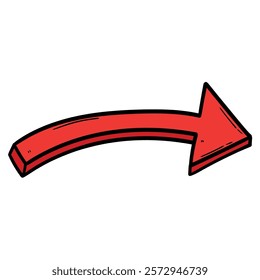 Hand drawn cartoon red arrow pointing right isolated on white background. Vector illustration.