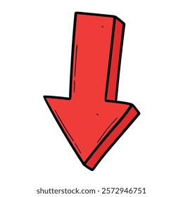 Hand drawn cartoon red arrow pointing down isolated on white background. Vector illustration.