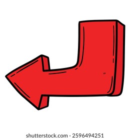 Hand drawn cartoon red arrow pointing left isolated on white background. Vector illustration.