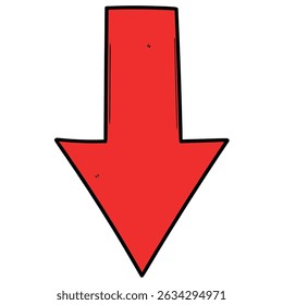 Seta vermelha desenhada à mão apontando para baixo isolada sobre fundo branco. Ilustração vetorial.