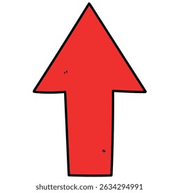 Hand drawn cartoon red arrow pointing up isolated on white background. Vector illustration.