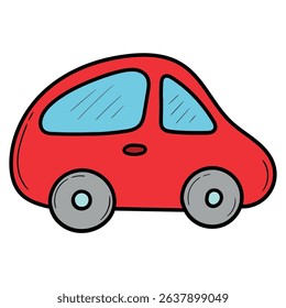 Hand drawn cartoon red car isolated on white background. Vector illustration.