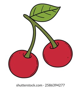 Hand drawn cartoon red cherry with green leaf isolated on white background. Vector illustration.