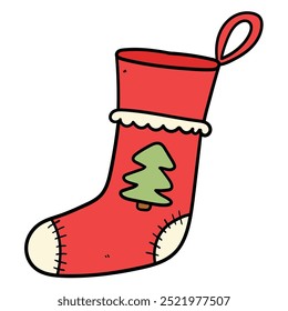 Calcetín de Navidad rojo dibujado a mano aislado sobre fondo blanco. Concepto Navidades, Año Nuevo. Ilustración vectorial.