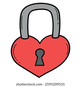 Hand drawn cartoon red closed heart padlock isolated on white background. Vector illustration.