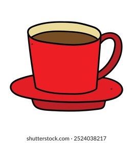 Hand drawn cartoon red coffee cup and saucer isolated on white background. Vector illustration.