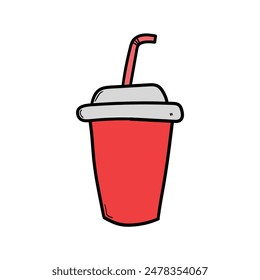 Hand drawn cartoon red cup with a straw isolated on white background. Vector illustration.