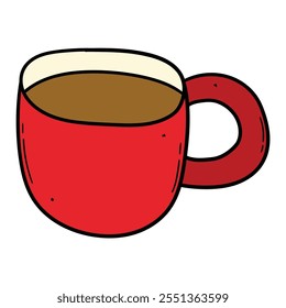 Hand drawn cartoon red cup of coffee isolated on white background. Vector illustration.