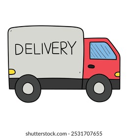 Desenho desenhado à mão van de entrega vermelha isolado no fundo branco. Ilustração vetorial.