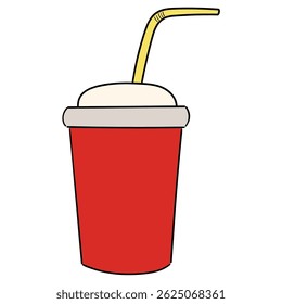 Hand drawn cartoon red disposable paper cup with straw isolated on white background. Vector illustration.