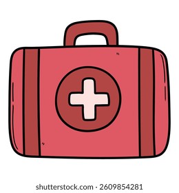 Hand drawn cartoon red first aid kit isolated on white background. Vector illustration.