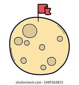 Hand drawn cartoon red flag on the moon isolated on a white background. Vector illustration.