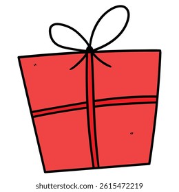 Hand drawn cartoon red gift box isolated on white background. Vector illustration.
