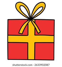 Hand drawn cartoon red gift box isolated on white background. Vector illustration.