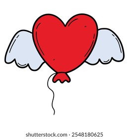 Hand drawn cartoon red heart balloon with wings isolated on white background. Vector illustration.